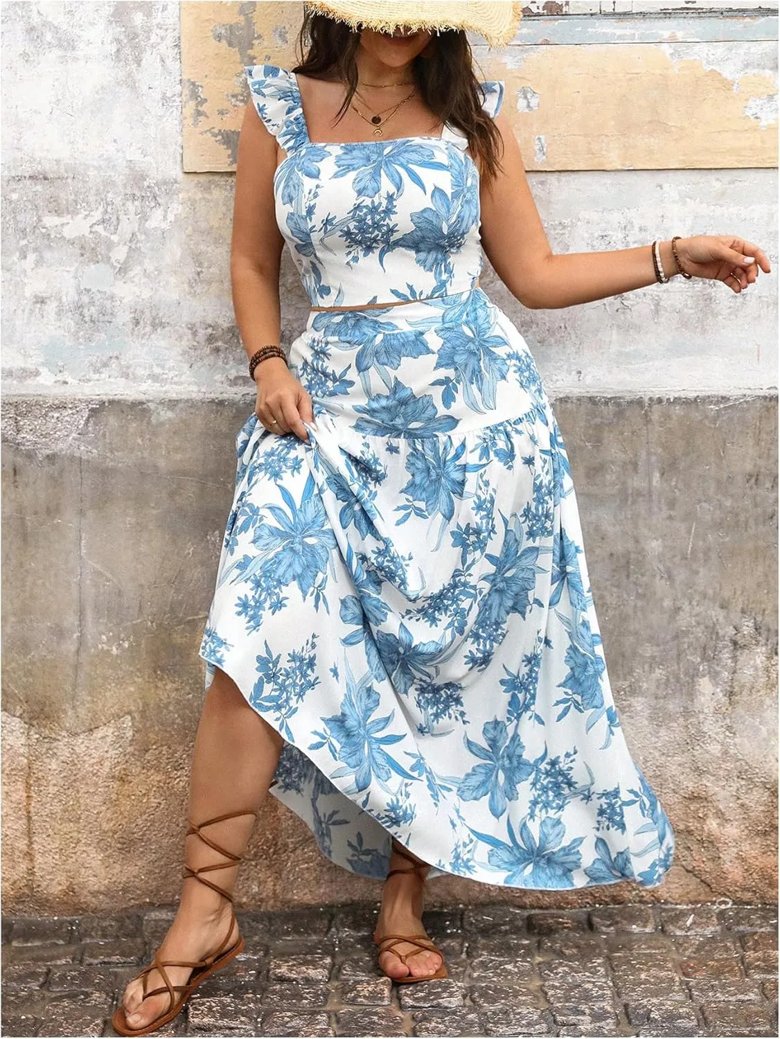 Floerns Women's Plus Size 2 Piece Outfit Floral Ruffle Sleeve Tops Maxi Skirt Set