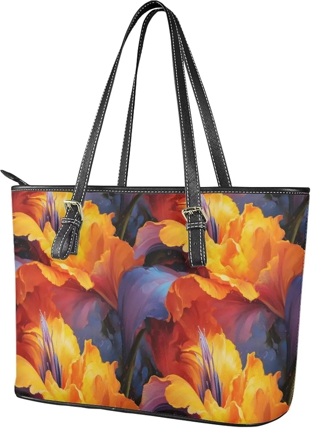 Flowers Soft Leather Tote Bag for Women Handbag Purse, Coastal Style Faux Leather Zipper Travel Tote Bag 13.5 Inch