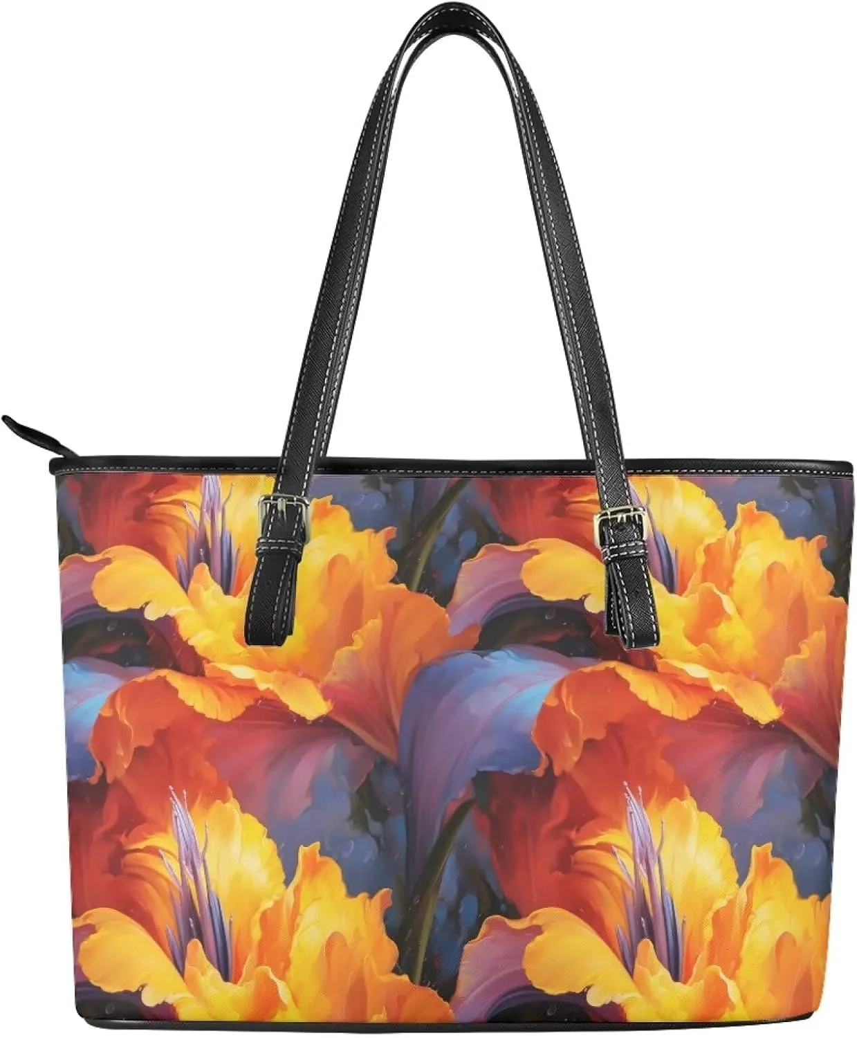 Flowers Soft Leather Tote Bag for Women Handbag Purse, Coastal Style Faux Leather Zipper Travel Tote Bag 13.5 Inch