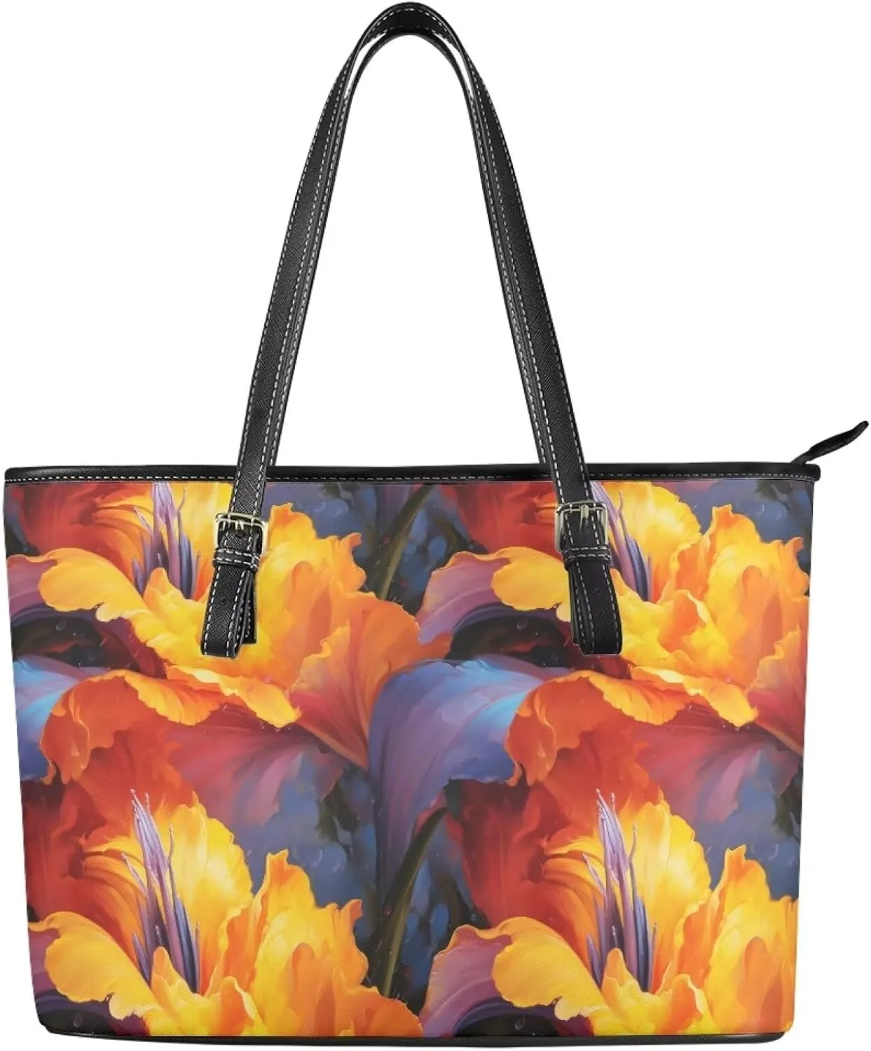 Flowers Soft Leather Tote Bag for Women Handbag Purse, Coastal Style Faux Leather Zipper Travel Tote Bag 13.5 Inch