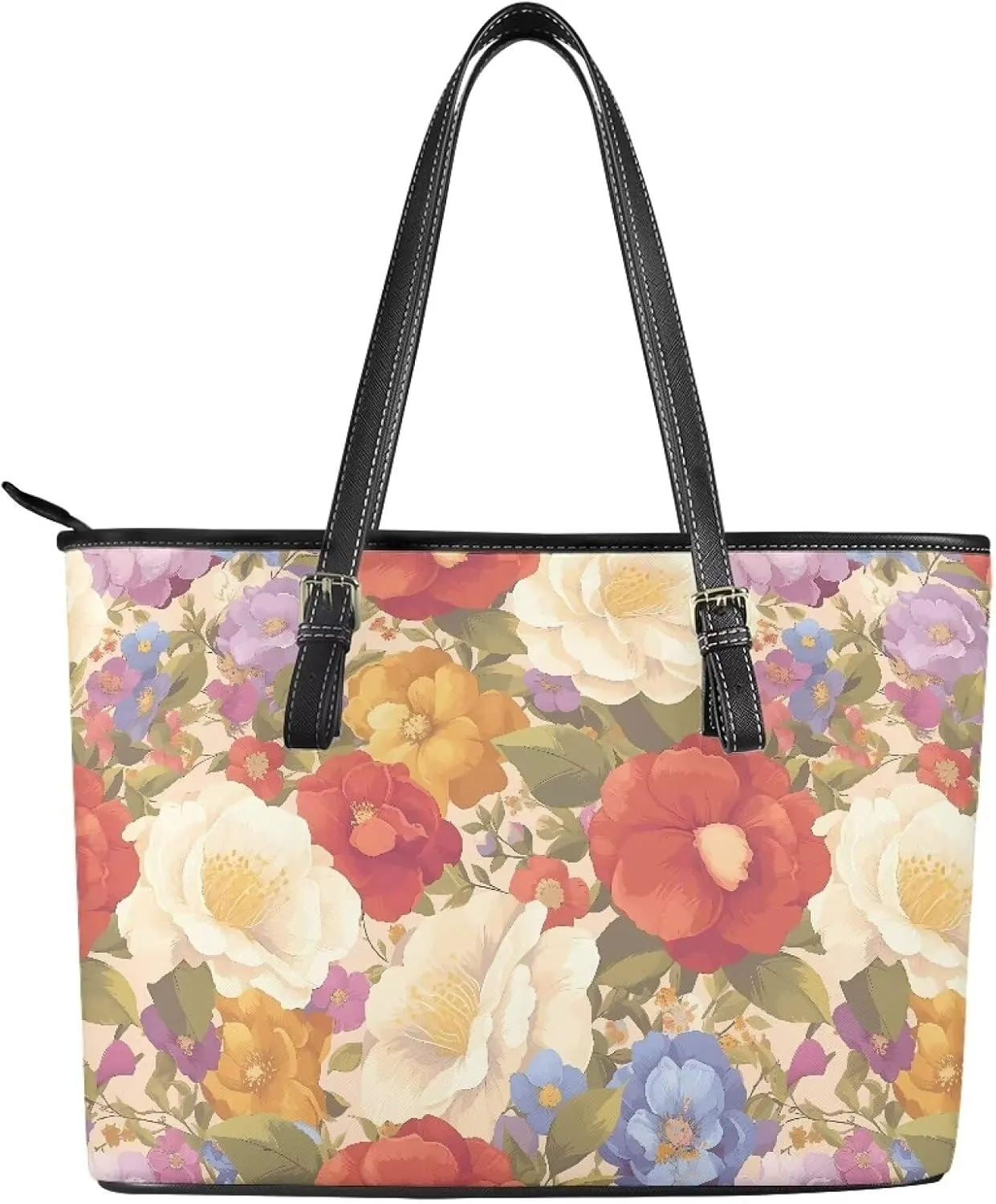 Flowers Soft Leather Tote Bag for Women Handbag Purse, Coastal Style Faux Leather Zipper Travel Tote Bag 13.5 Inch
