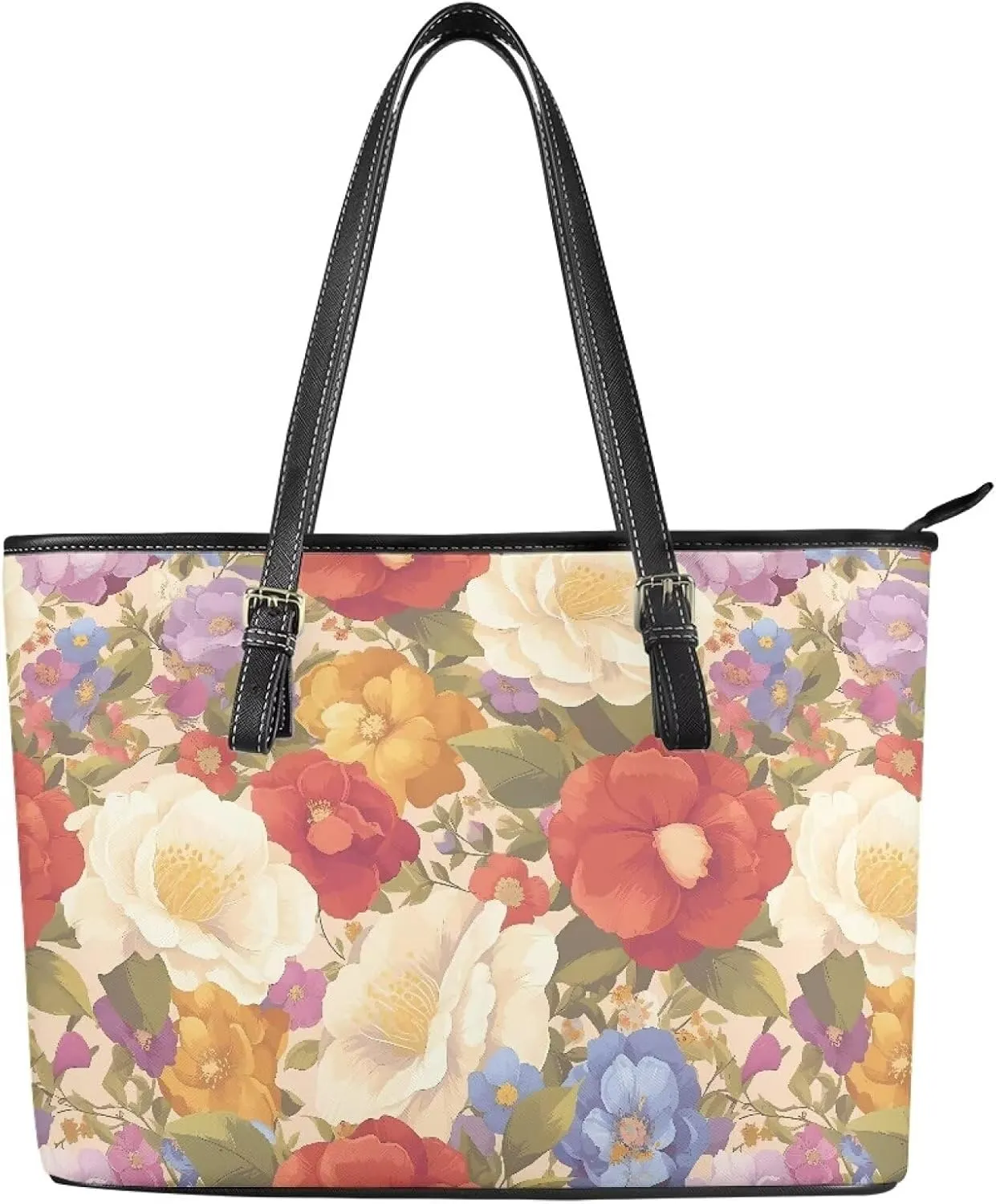 Flowers Soft Leather Tote Bag for Women Handbag Purse, Coastal Style Faux Leather Zipper Travel Tote Bag 13.5 Inch