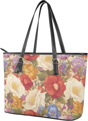 Flowers Soft Leather Tote Bag for Women Handbag Purse, Coastal Style Faux Leather Zipper Travel Tote Bag 13.5 Inch