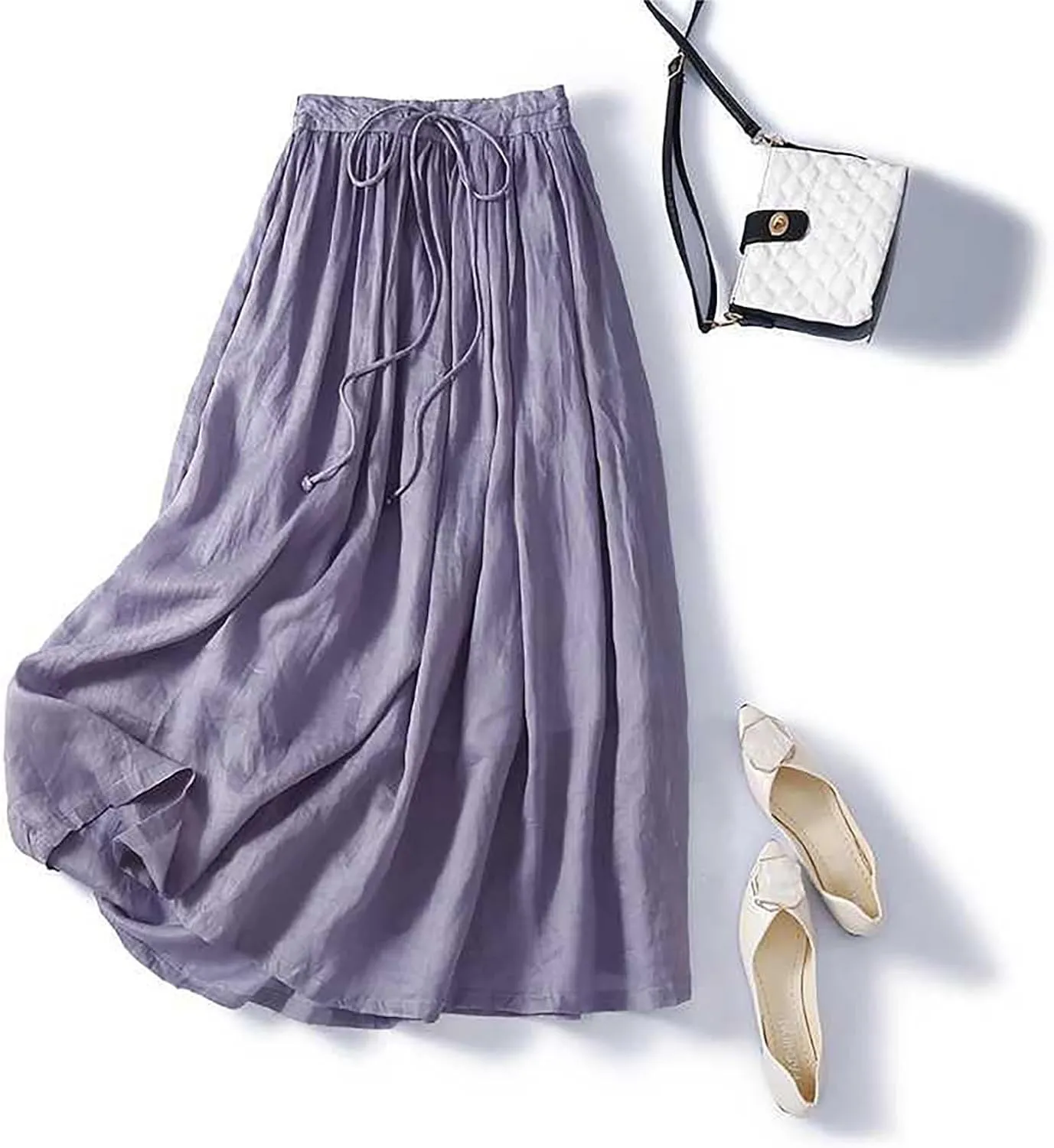 Flowy Cotton Linen Skirt for Women High Waist Drawstring Maxi Skirts Lightweight Casual Boho Skirt Clothes