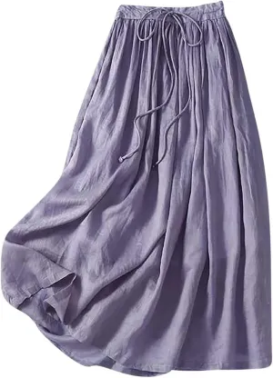 Flowy Cotton Linen Skirt for Women High Waist Drawstring Maxi Skirts Lightweight Casual Boho Skirt Clothes