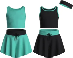 Flowy Girls Butterfly Shorts Skirts w/Pockets & Athletic Sleeveless Tank Tops, Dance Tennis Cheer Running (5pc Set)