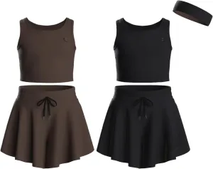 Flowy Girls Butterfly Shorts Skirts w/Pockets & Athletic Sleeveless Tank Tops, Dance Tennis Cheer Running (5pc Set)