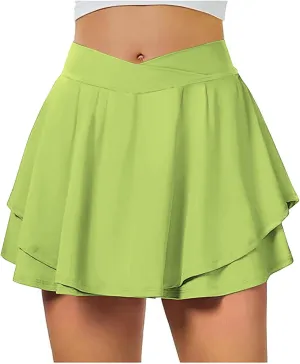 Flowy Skirts for Women Layered Ruffle Mini Skirts Solid Color Summer High Waisted Sports Athletic Yoga Golf Skirt