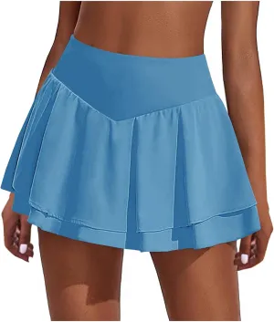 Flowy Skirts for Women Layered Ruffle Mini Skirts Solid Color Summer High Waisted Sports Athletic Yoga Golf Skirt