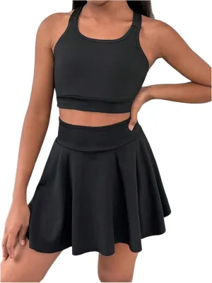 Girl's Workout Solid Color Tank and High Waisted Skorts Set Athletic Sports Running Skirt with Pockets