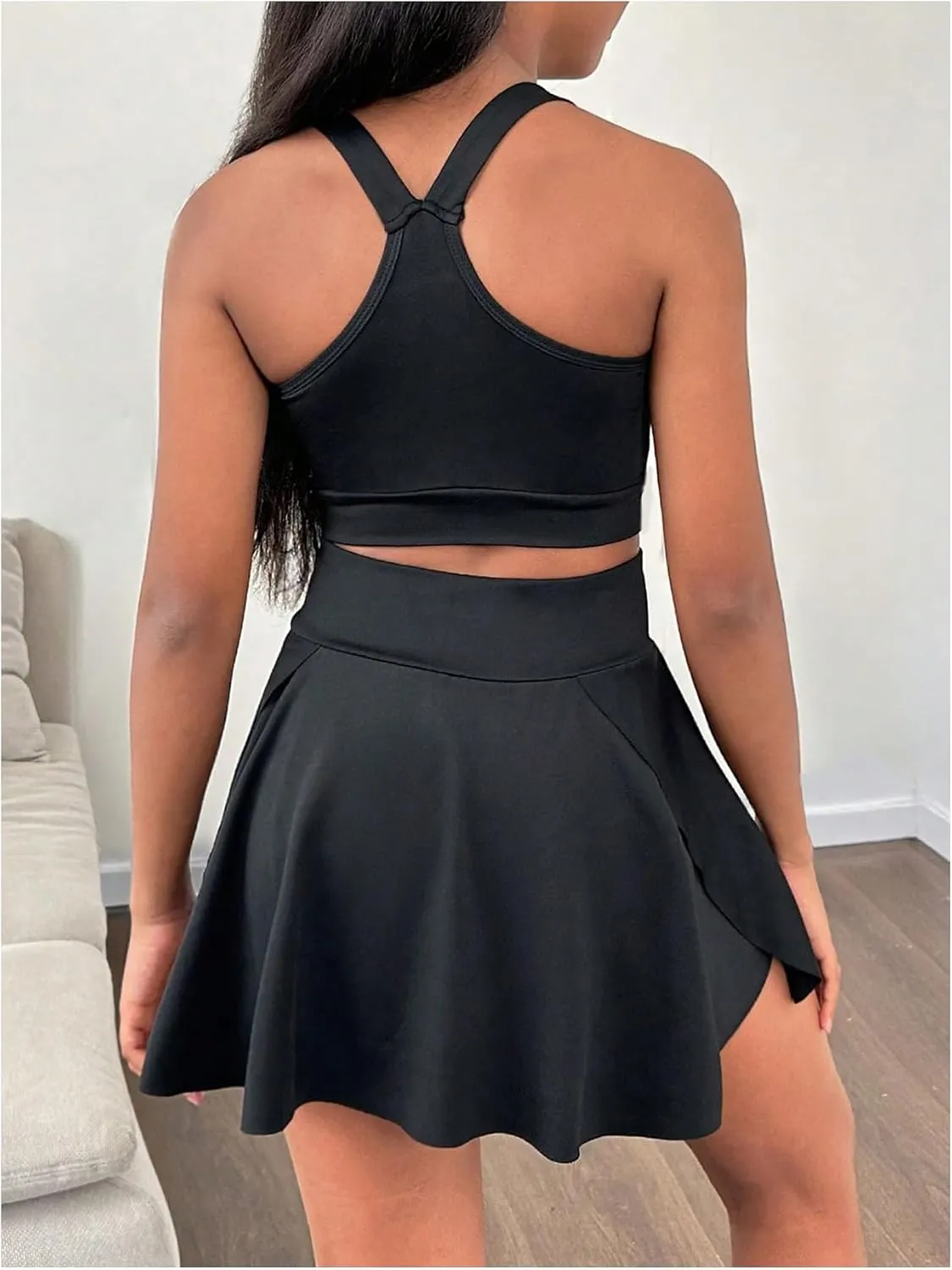 Girl's Workout Solid Color Tank and High Waisted Skorts Set Athletic Sports Running Skirt with Pockets