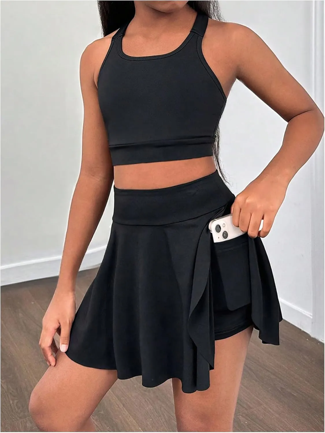 Girl's Workout Solid Color Tank and High Waisted Skorts Set Athletic Sports Running Skirt with Pockets