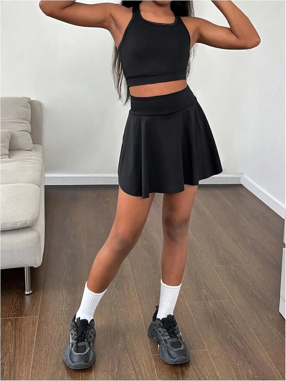 Girl's Workout Solid Color Tank and High Waisted Skorts Set Athletic Sports Running Skirt with Pockets