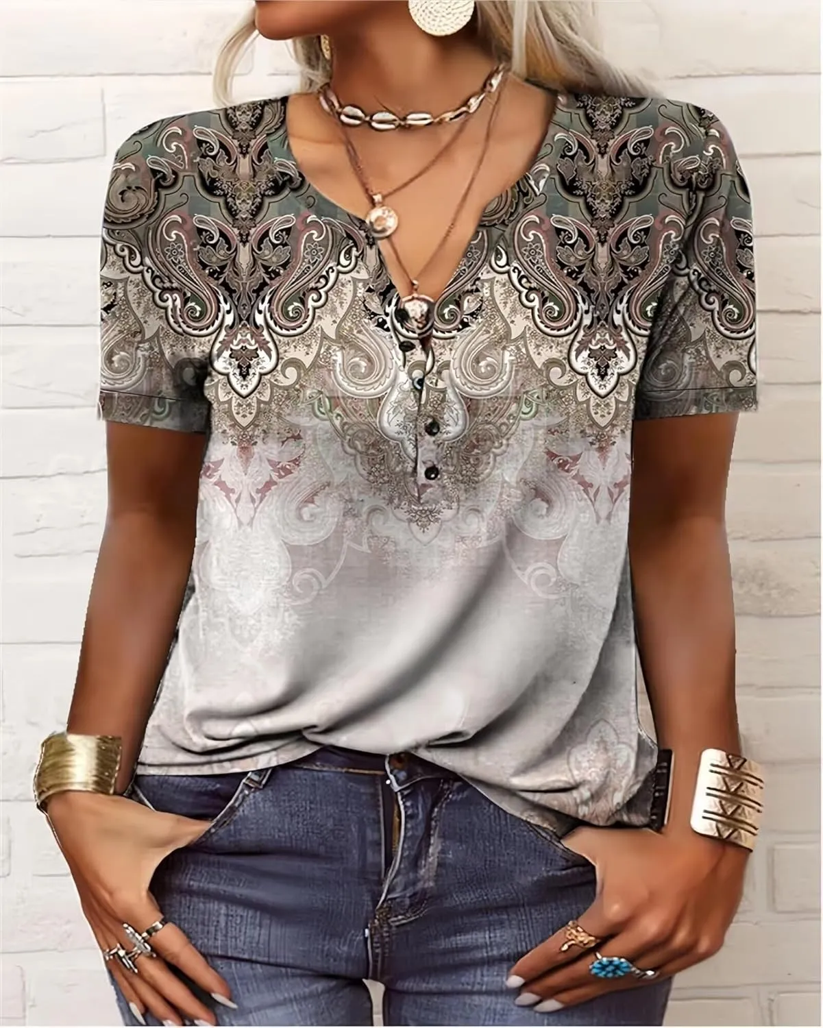 Graphic Tees for Women Short Sleeve Button Up V Neck 2025 Spring Hippie Top Western Casual Floral Boho Shirts