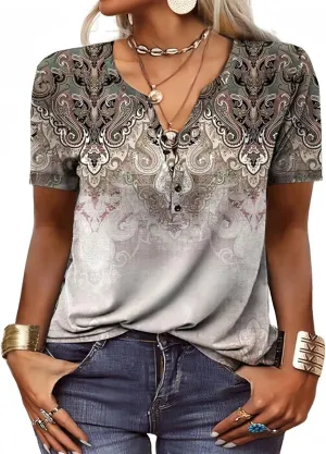 Graphic Tees for Women Short Sleeve Button Up V Neck 2025 Spring Hippie Top Western Casual Floral Boho Shirts