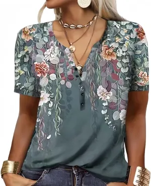 Graphic Tees for Women Short Sleeve Button Up V Neck 2025 Spring Hippie Top Western Casual Floral Boho Shirts