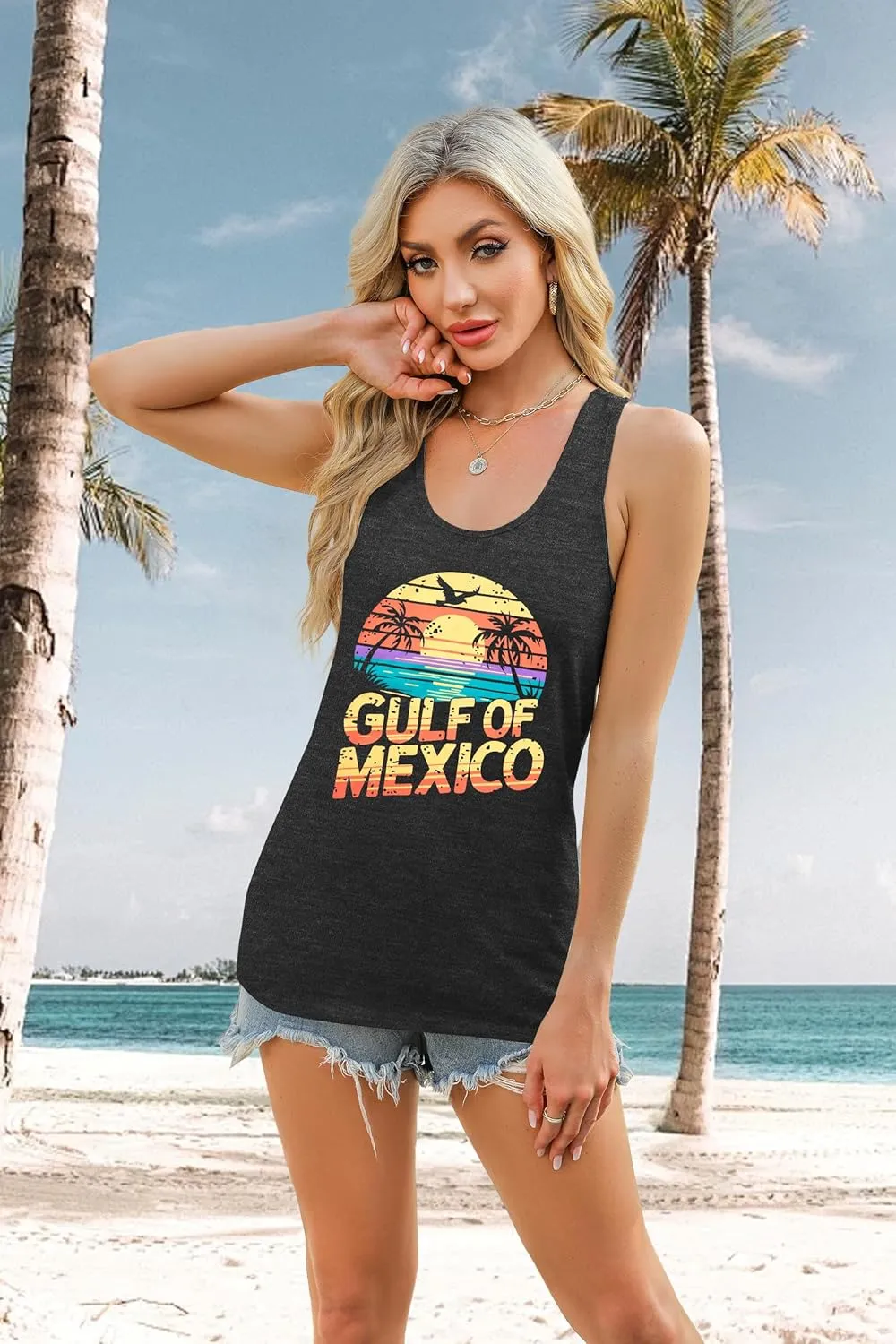 Gulf of Mexico T Shirt Women Gulf of Mexico Tank Top Vintage Beach Graphic Tee Summer Vacation Sleeveless Shirt