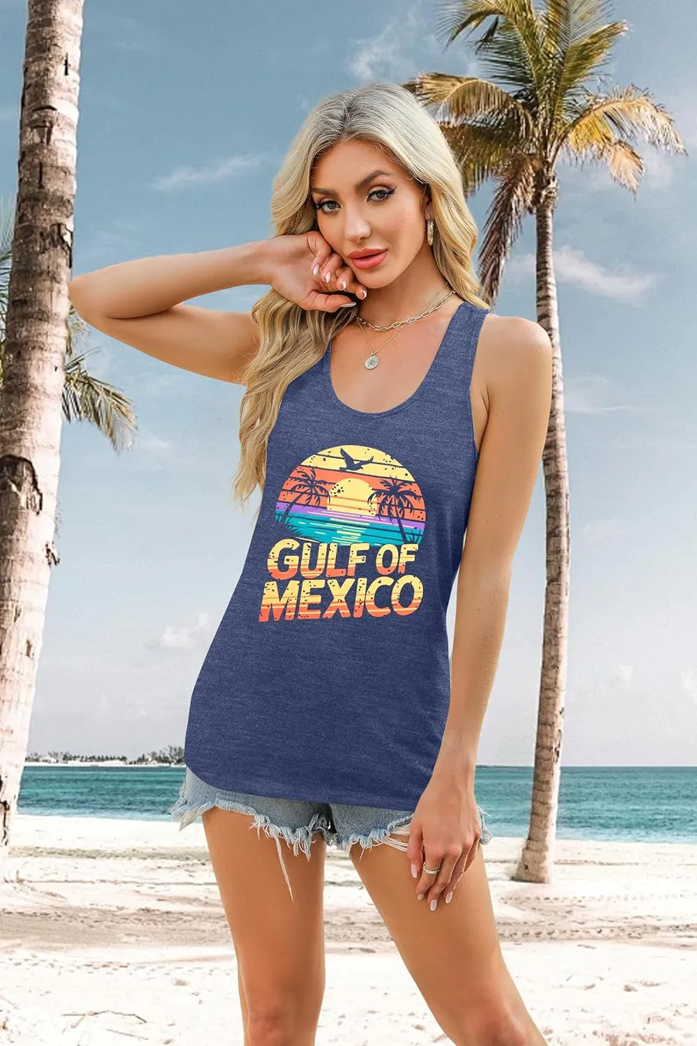Gulf of Mexico T Shirt Women Gulf of Mexico Tank Top Vintage Beach Graphic Tee Summer Vacation Sleeveless Shirt