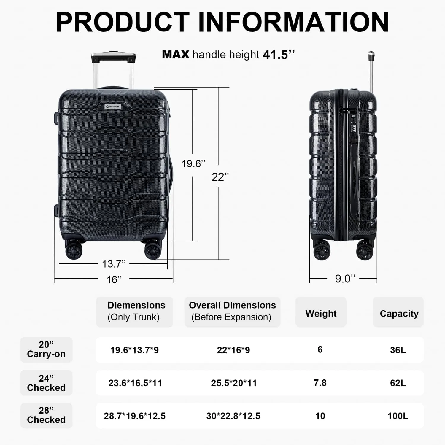 HABITRIO Luggage 3 Piece Sets with Spinner Wheels ABS PC Lightweight TSA Lock (20'/24'/28'), Black