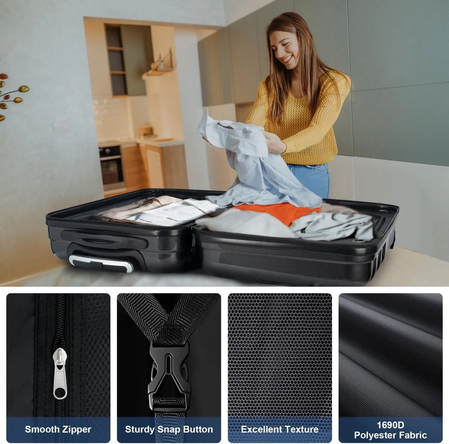 HABITRIO Luggage 3 Piece Sets with Spinner Wheels ABS PC Lightweight TSA Lock (20'/24'/28'), Black
