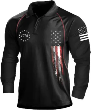 HARGLESMAN Mens American Flag Long Sleeve Polo Shirt