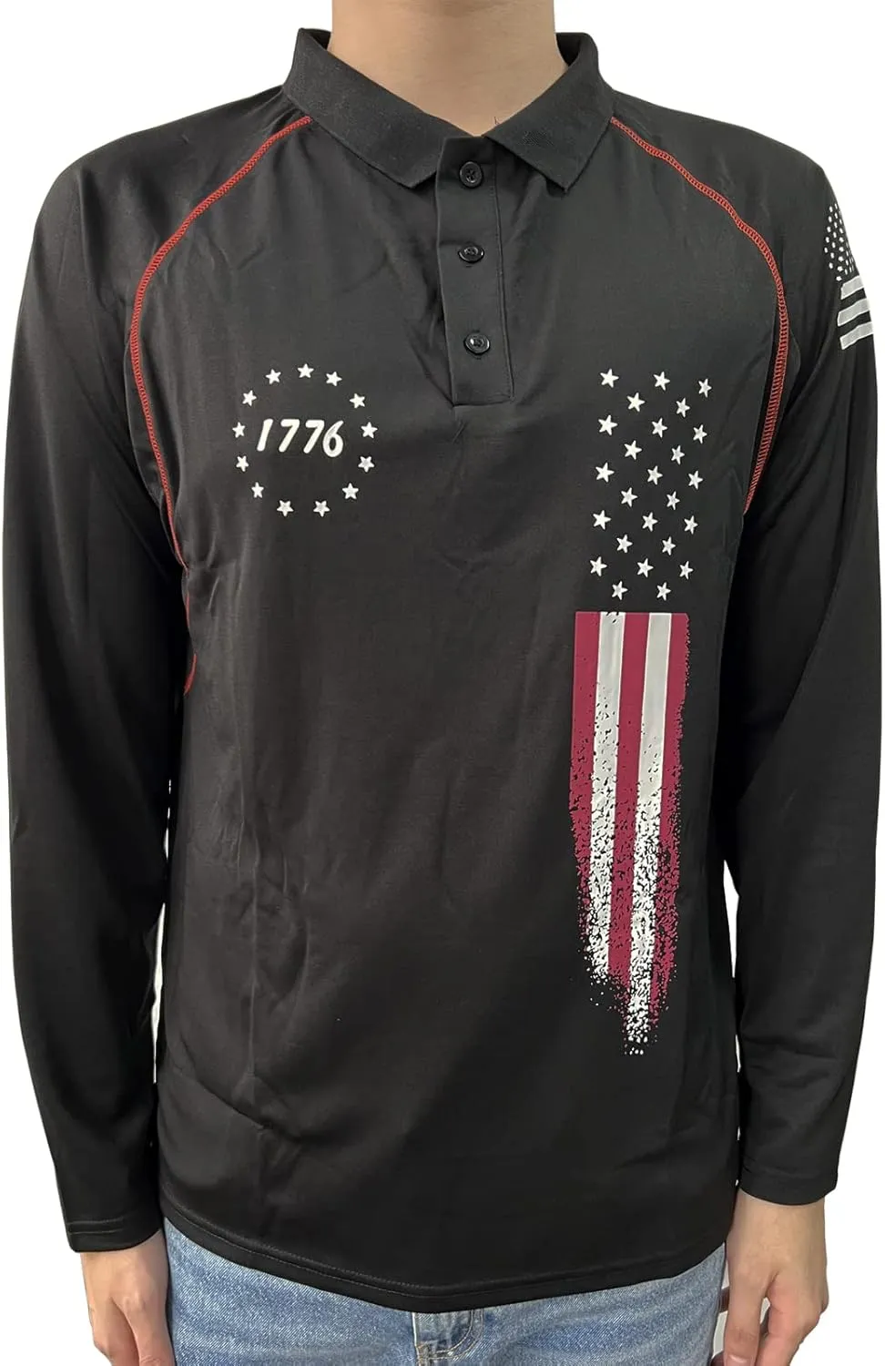 HARGLESMAN Mens American Flag Long Sleeve Polo Shirt