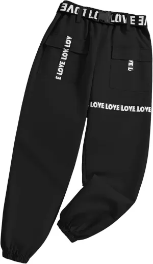 Hilinker Girls Cargo Pants Loose Hip Hop Dance Pants Elastic Waist Letters Jogger Pants