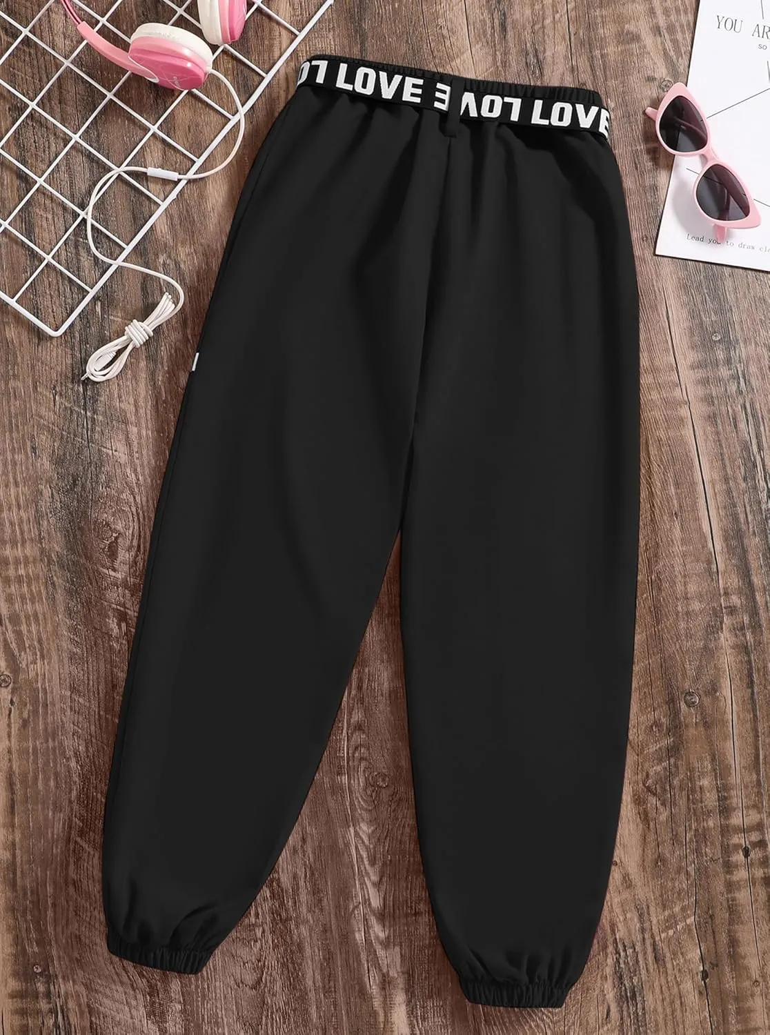 Hilinker Girls Cargo Pants Loose Hip Hop Dance Pants Elastic Waist Letters Jogger Pants