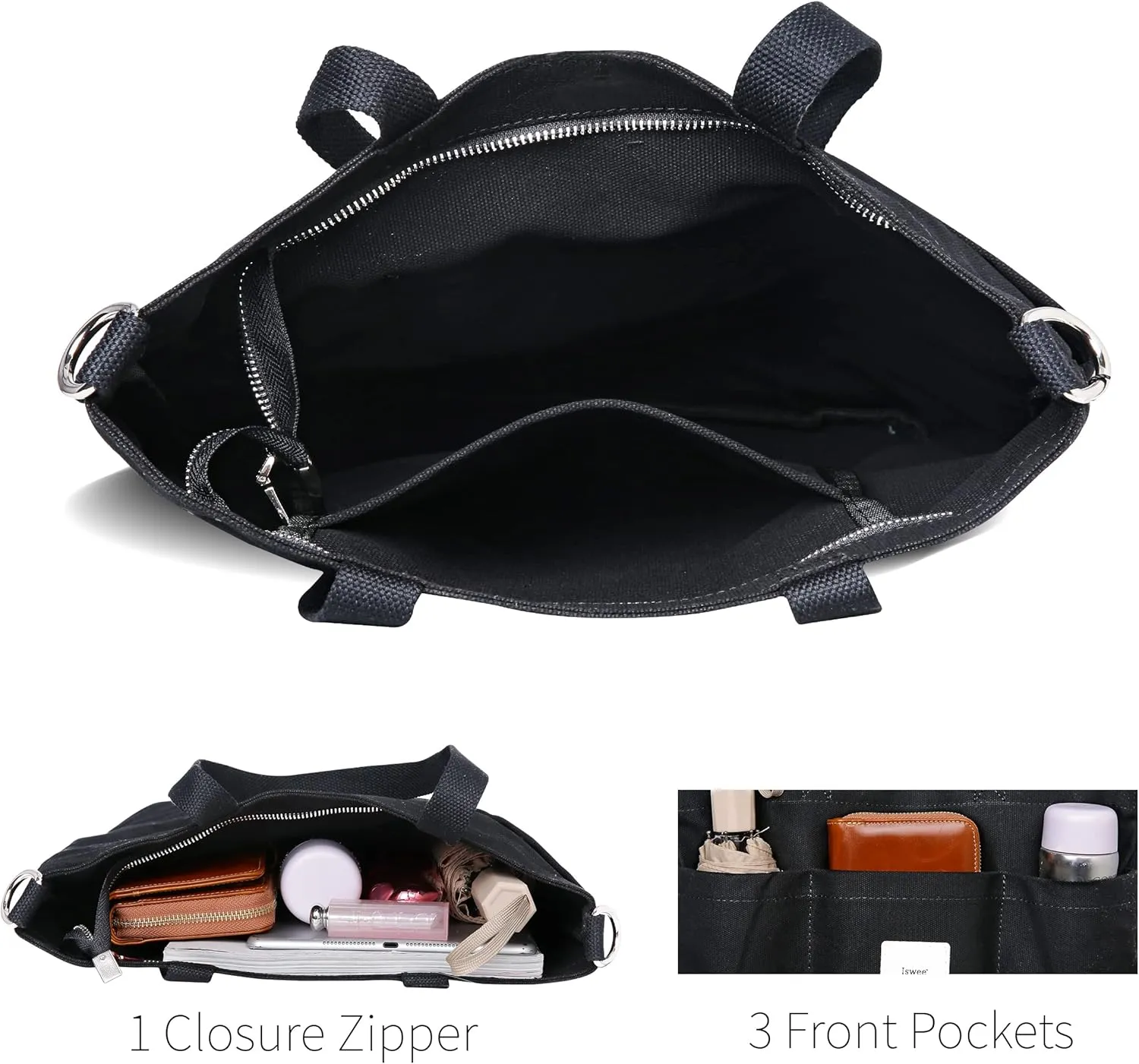 Iswee Canvas Tote Bag with Zipper Multi Pockets Tote Purse for Women Fashion Crossbody Tote Shoulder Bag Handbag Everyday Bag