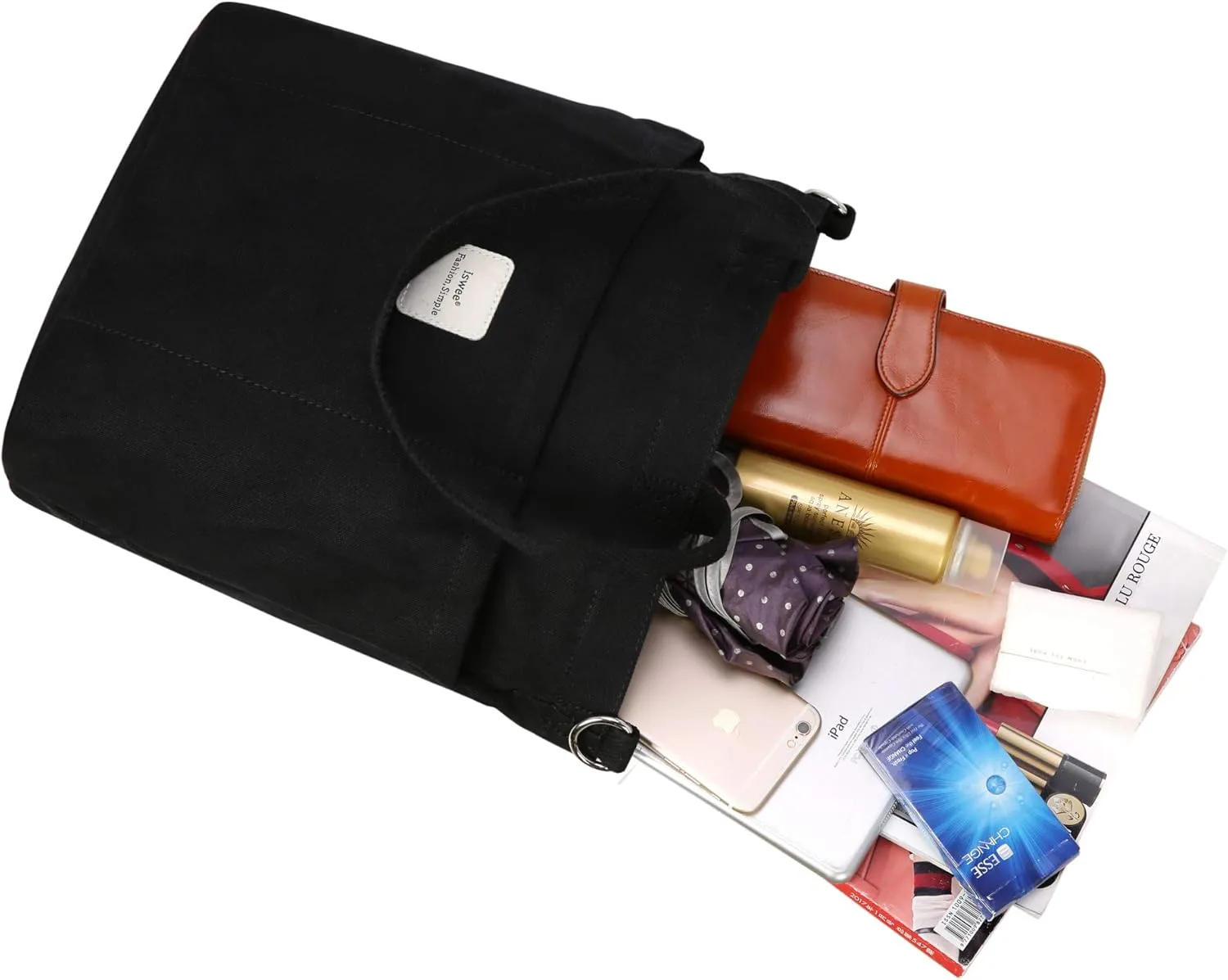 Iswee Canvas Tote Bag with Zipper Multi Pockets Tote Purse for Women Fashion Crossbody Tote Shoulder Bag Handbag Everyday Bag