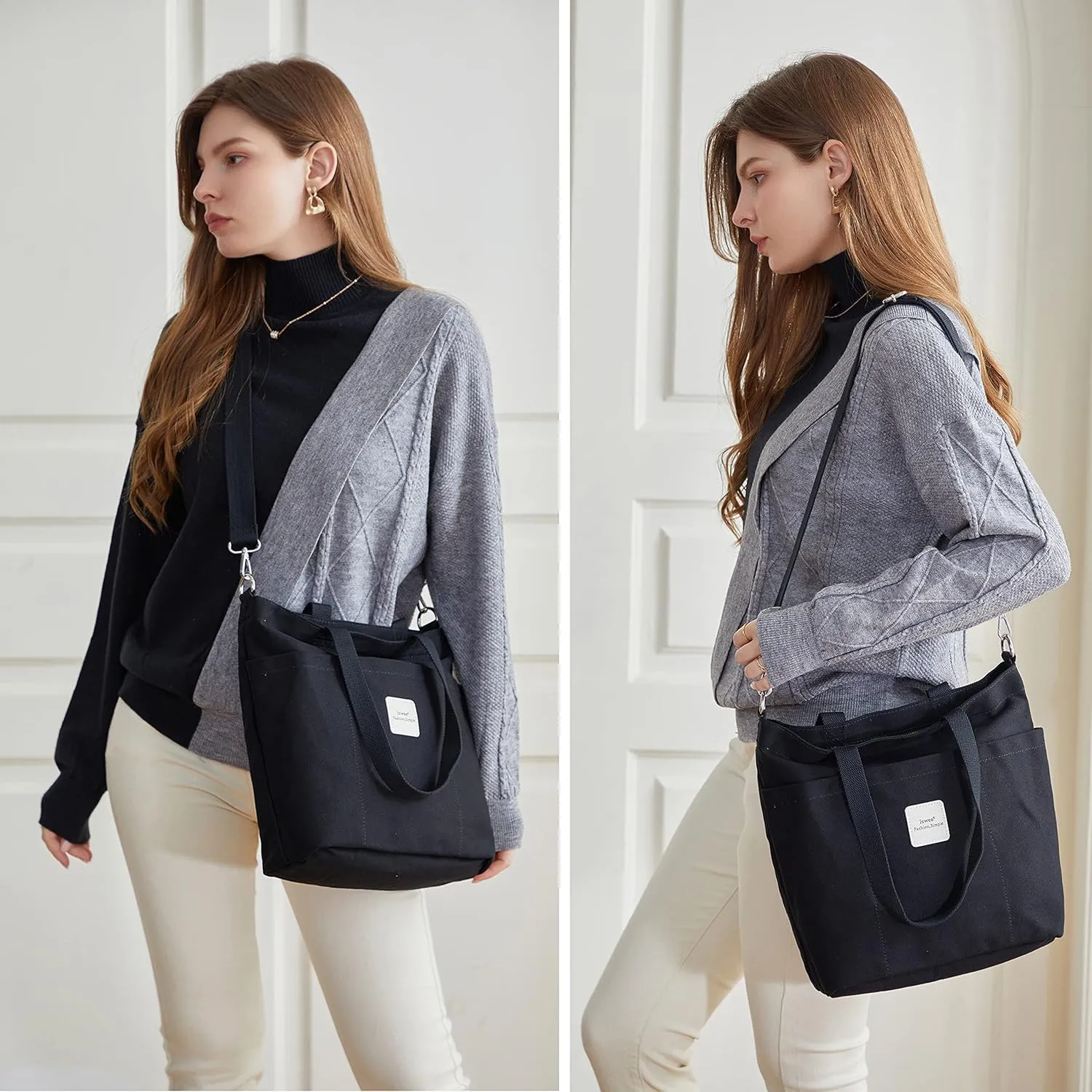 Iswee Canvas Tote Bag with Zipper Multi Pockets Tote Purse for Women Fashion Crossbody Tote Shoulder Bag Handbag Everyday Bag