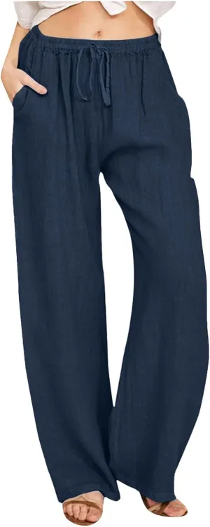 JiXiang Women Linen Pants Summer Wide Leg Casual Loose Drawstring High Waist Palazzo Pants Trousers with Pockets