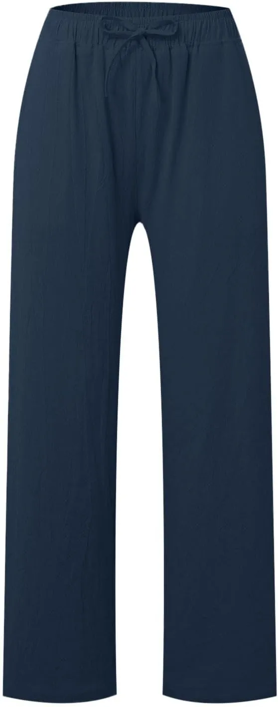JiXiang Women Linen Pants Summer Wide Leg Casual Loose Drawstring High Waist Palazzo Pants Trousers with Pockets