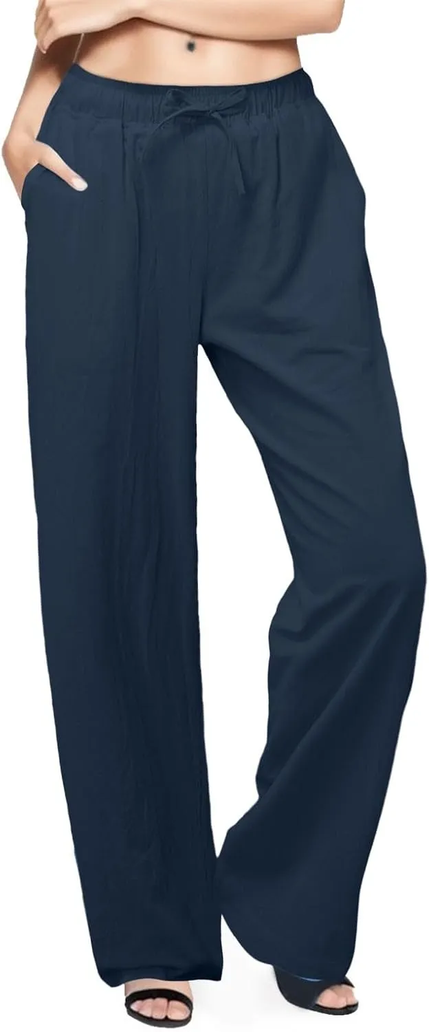 JiXiang Women Linen Pants Summer Wide Leg Casual Loose Drawstring High Waist Palazzo Pants Trousers with Pockets