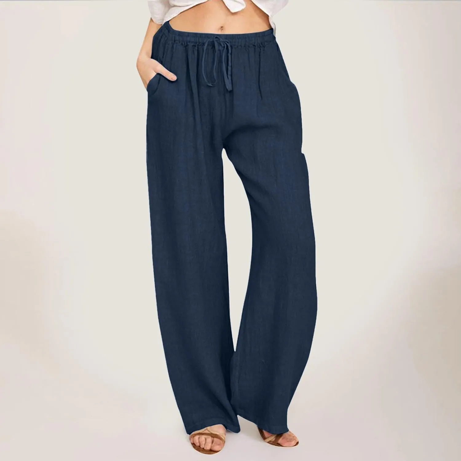 JiXiang Women Linen Pants Summer Wide Leg Casual Loose Drawstring High Waist Palazzo Pants Trousers with Pockets