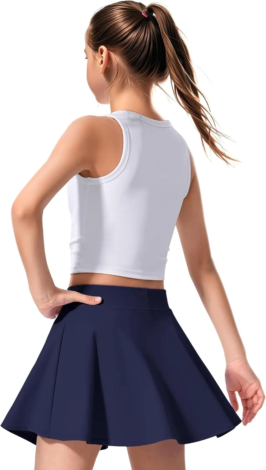JOCMIC Girls Tennis Skirt with Shorts and Pockets for Golf Running School, Athletic Skorts for Girls 7-14 Years