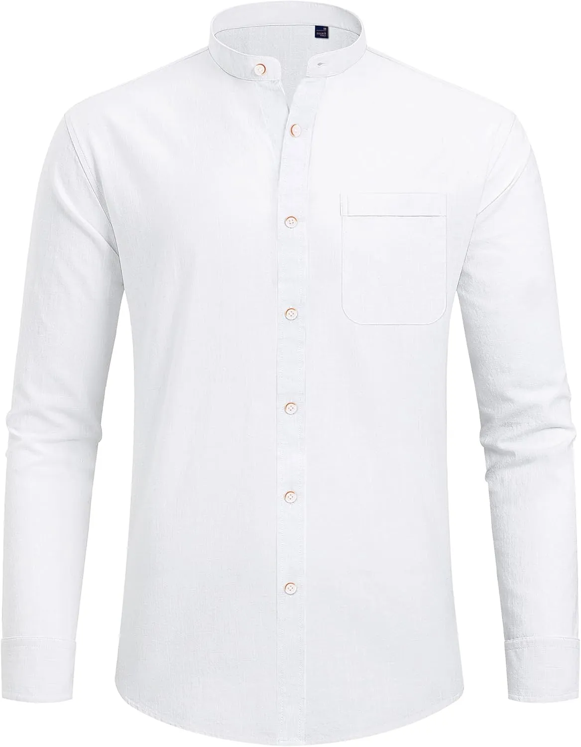 J.VER Men's Cotton Linen Long Sleeve Shirts Casual Button Down Banded Collar Shirt Beach Summer Tops with Pocket