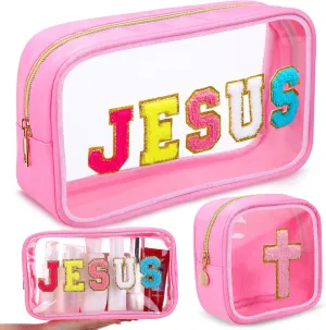 Kacctyen 2 Pcs Medicine Bag Gifts Chenille Letter Bag Jesus Small Cross Makeup Set Meds Transparent Portable Multi Purpose for Women Clear Toiletry Pouch Cosmetic Storage Organizer for Travel Gift