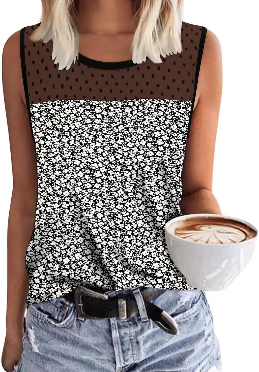 KISSMODA Womens Flora Print Tank Tops Ribbed Summer Shirt Sleeveless Summer Casual Women Blouses（S-3XL）