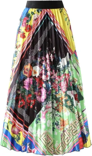 KUFV Women's Floral Graffiti Pleated Long Skirts Vintage Cartoon Printed Elastic Waist A-Line Swing Midi Skirt