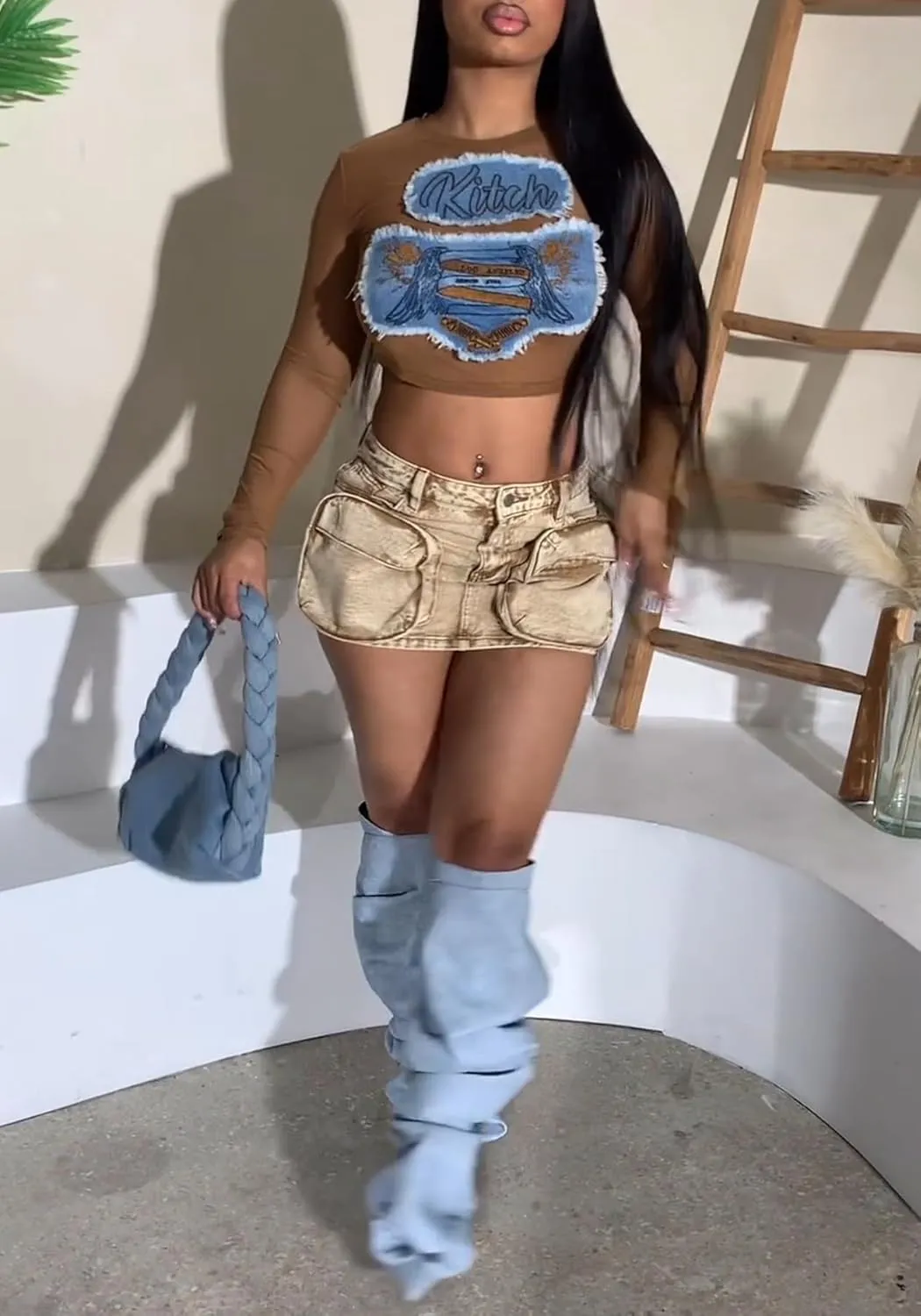 LAJIOJIO Denim Cargo Mini Skirt for Women,Causal Y2K High Waisted Jean Short Skirt with Pockets