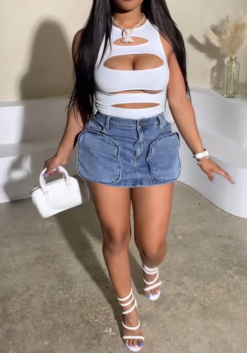 LAJIOJIO Denim Cargo Mini Skirt for Women,Causal Y2K High Waisted Jean Short Skirt with Pockets
