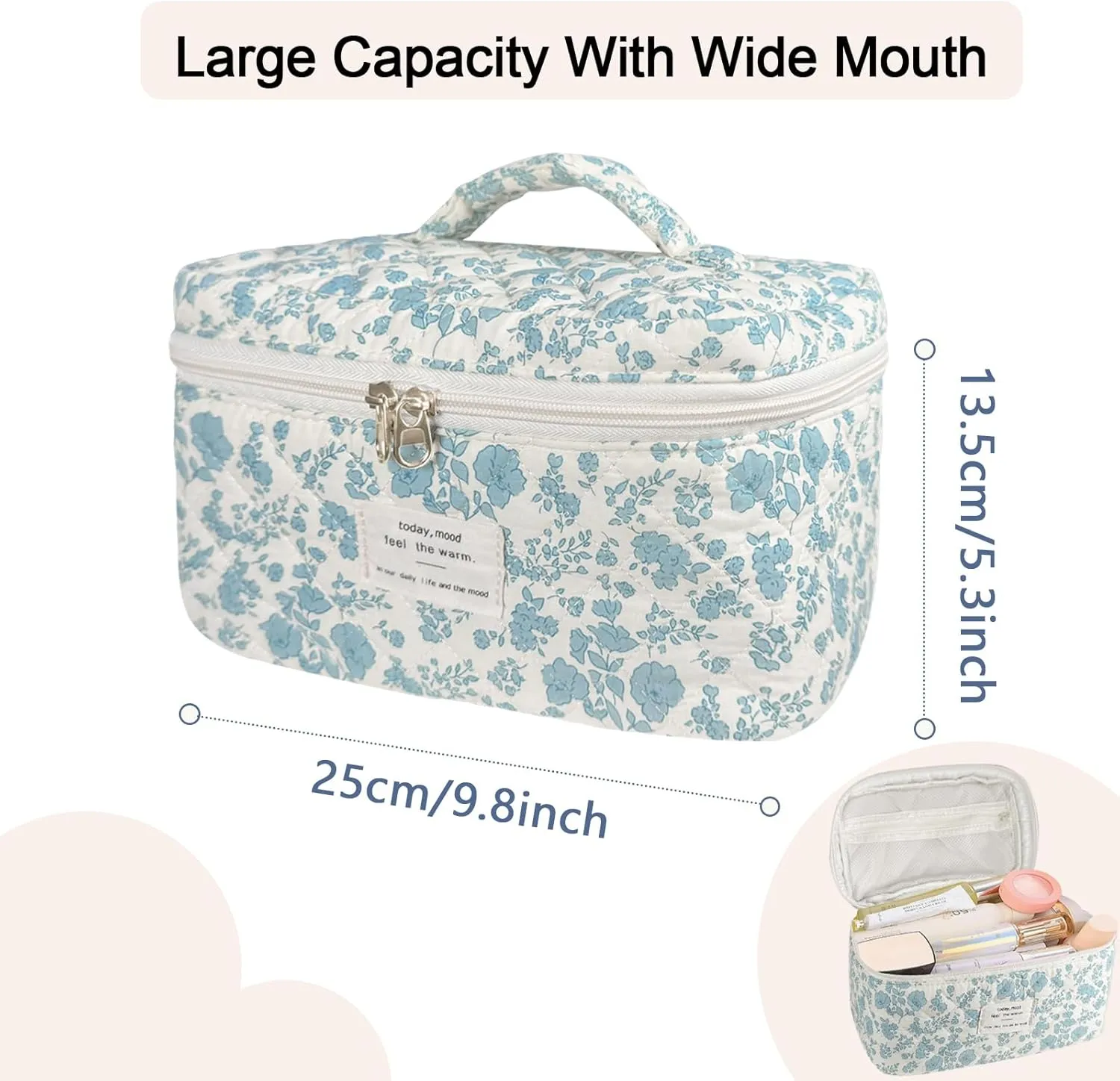 Large Makeup Bag, Cute Cosmetic Bag for Women Girls Floral Coquette Aesthetic Toiletry Bag Travel Make Up Organizer Bag (Blue)