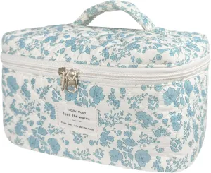 Large Makeup Bag, Cute Cosmetic Bag for Women Girls Floral Coquette Aesthetic Toiletry Bag Travel Make Up Organizer Bag (Blue)