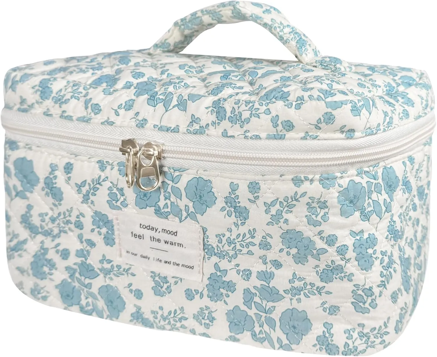 Large Makeup Bag, Cute Cosmetic Bag for Women Girls Floral Coquette Aesthetic Toiletry Bag Travel Make Up Organizer Bag (Blue)