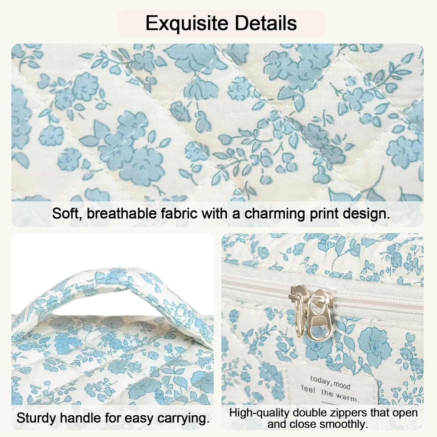 Large Makeup Bag, Cute Cosmetic Bag for Women Girls Floral Coquette Aesthetic Toiletry Bag Travel Make Up Organizer Bag (Blue)