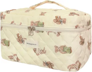 Large Travel Quilted Makeup Bag for Women, Cotton Cosmetic Bag Cute Coquette Aesthetic Toiletry Organizer Bag for Girls Bear Cosmetic Zipper Storage Bag with handle