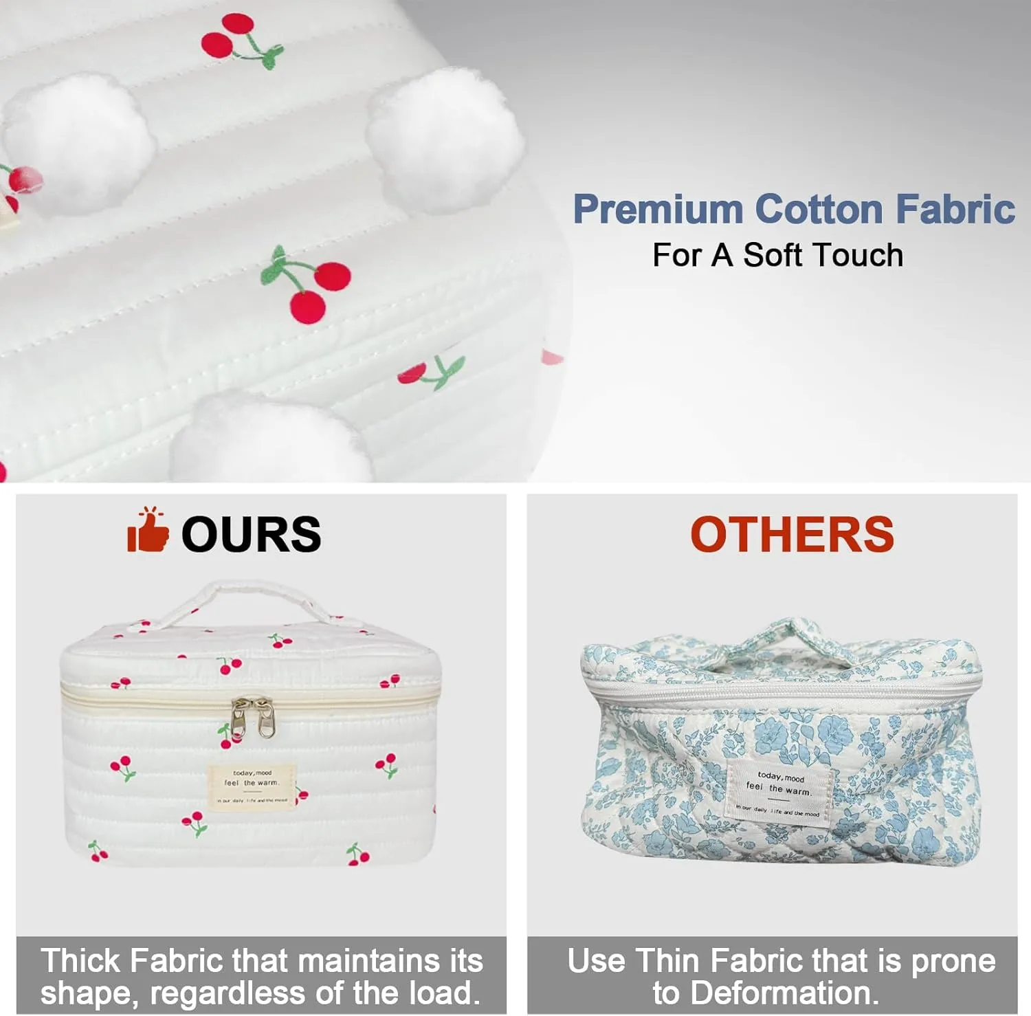Large Travel Quilted Makeup Bag for Women, Floral Cotton Cosmetic Bag Cute Coquette Aesthetic Floral Toiletry Organizer Bag for Girls Cherry Flower Cosmetic Zipper Storage Bag