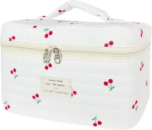 Large Travel Quilted Makeup Bag for Women, Floral Cotton Cosmetic Bag Cute Coquette Aesthetic Floral Toiletry Organizer Bag for Girls Cherry Flower Cosmetic Zipper Storage Bag
