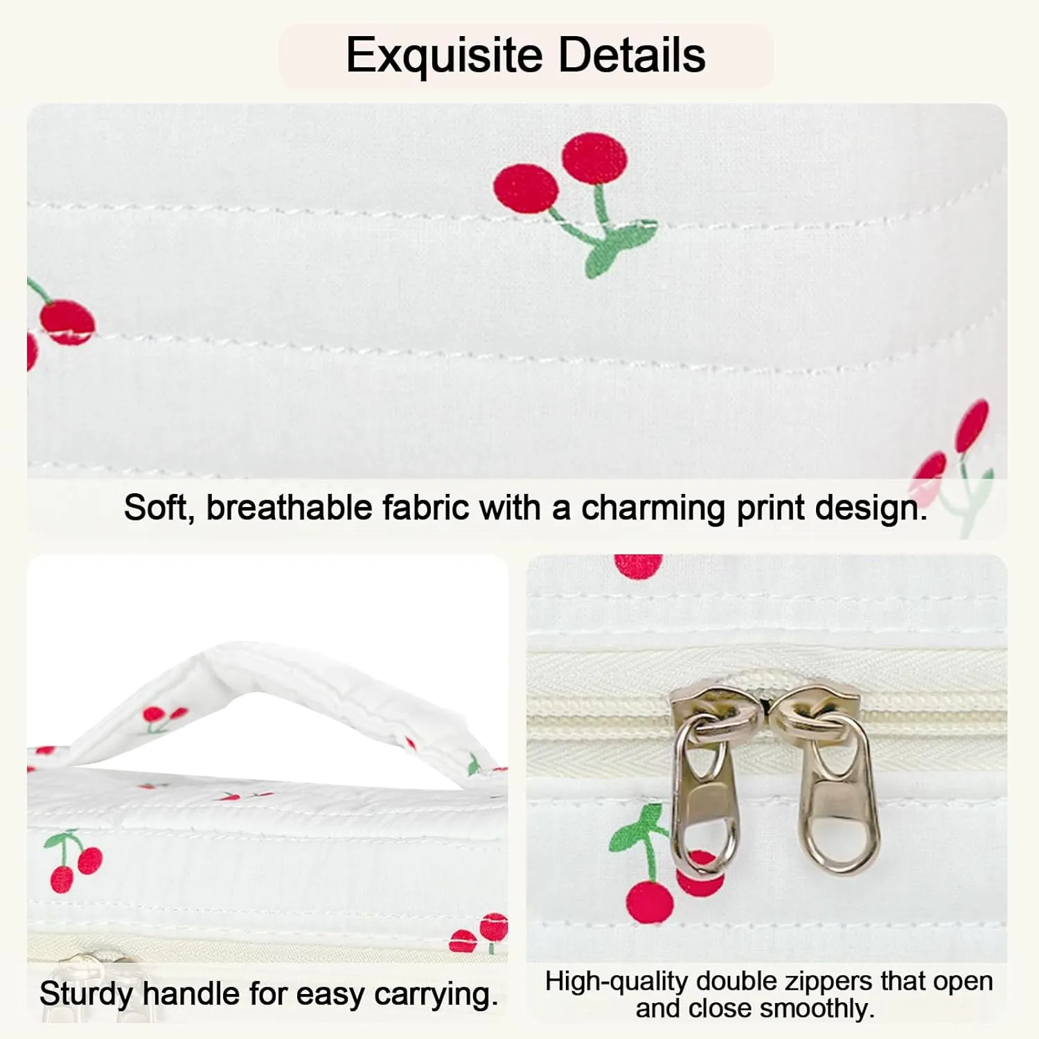 Large Travel Quilted Makeup Bag for Women, Floral Cotton Cosmetic Bag Cute Coquette Aesthetic Floral Toiletry Organizer Bag for Girls Cherry Flower Cosmetic Zipper Storage Bag